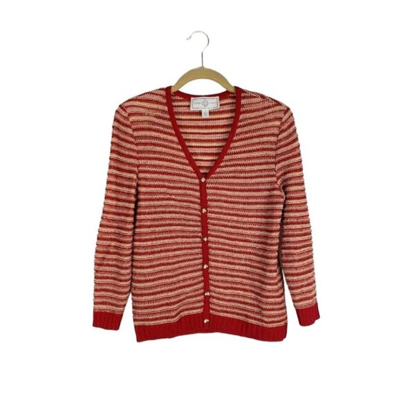 St. John Sport Holiday Cardigan Wool Blend Sweater Red Gold Stripe V-Neck XS - Picture 1 of 9